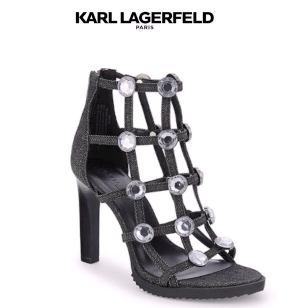 Karl Lagerfeld Women’s Beatriz faux Crystals Heel Sandals in Black size 8
